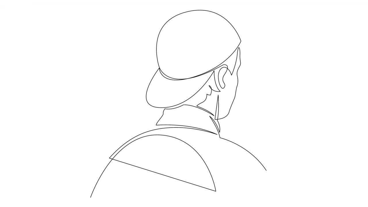 自画动画的年轻人在一顶帽子。连续的线画的人戴帽子向后。视频下载