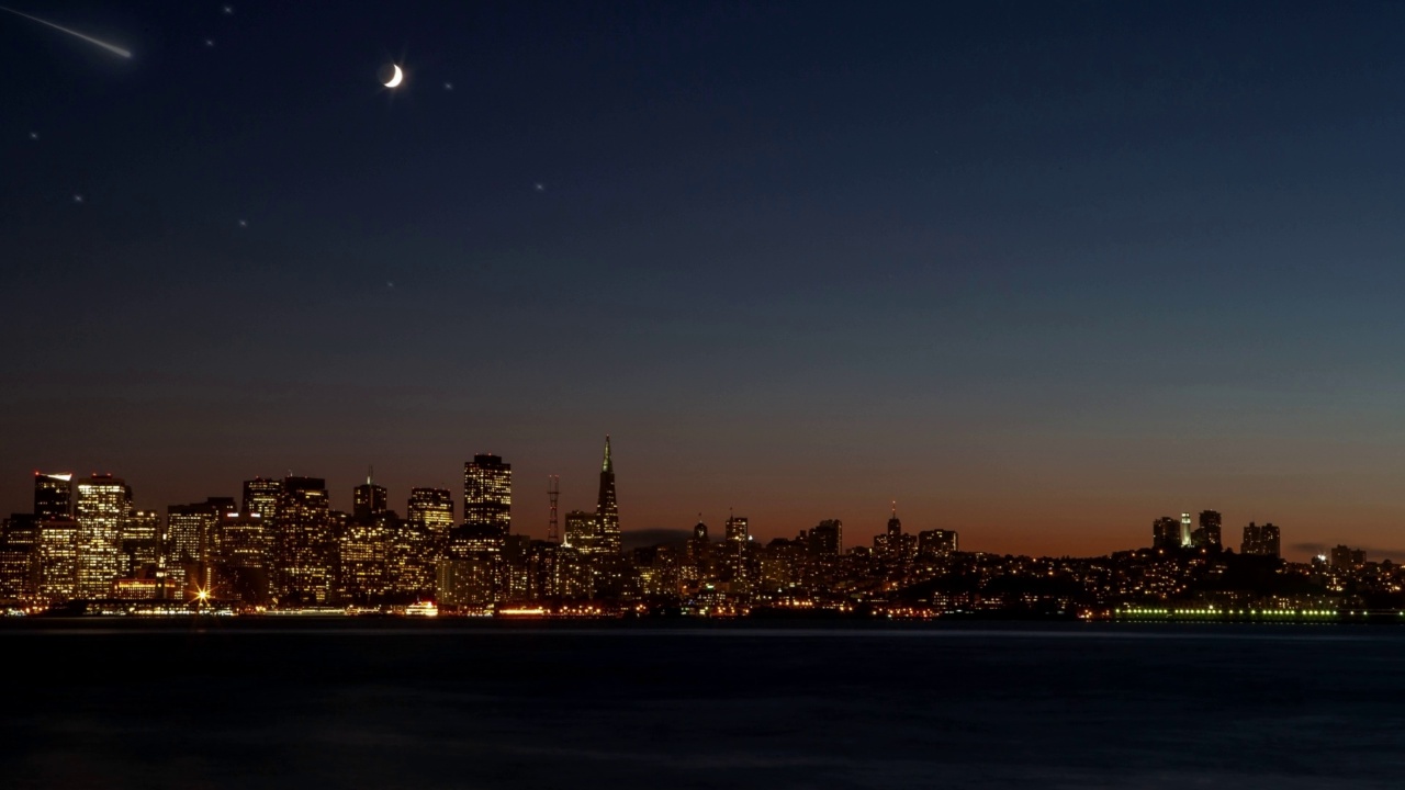 夜晚旧金山的天际线，天空中有流星视频下载