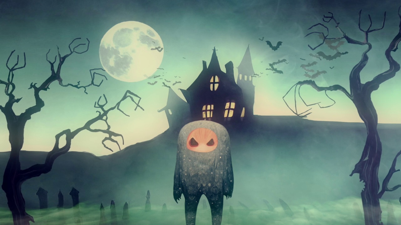 鬼屋动画-深蓝色的万圣节夜晚背景与鬼魂，怪物和蝙蝠飞过满月视频素材