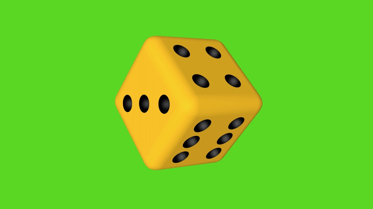 黄色骰子在绿色屏幕的背景下旋转。三维动画视频素材