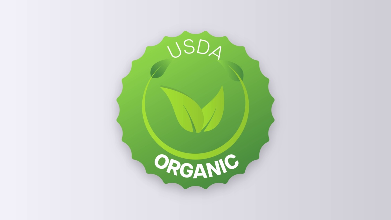 美国农业部有机动画图标圈徽章标志。非转基因生物徽章贴纸。有机食品券视频下载