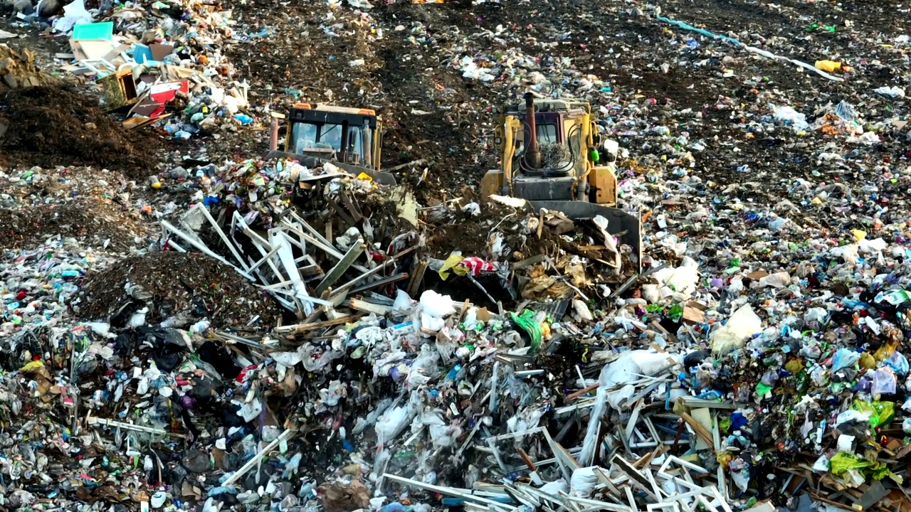 推土机掩埋。垃圾场内有废旧塑料、垃圾和聚乙烯。视频素材