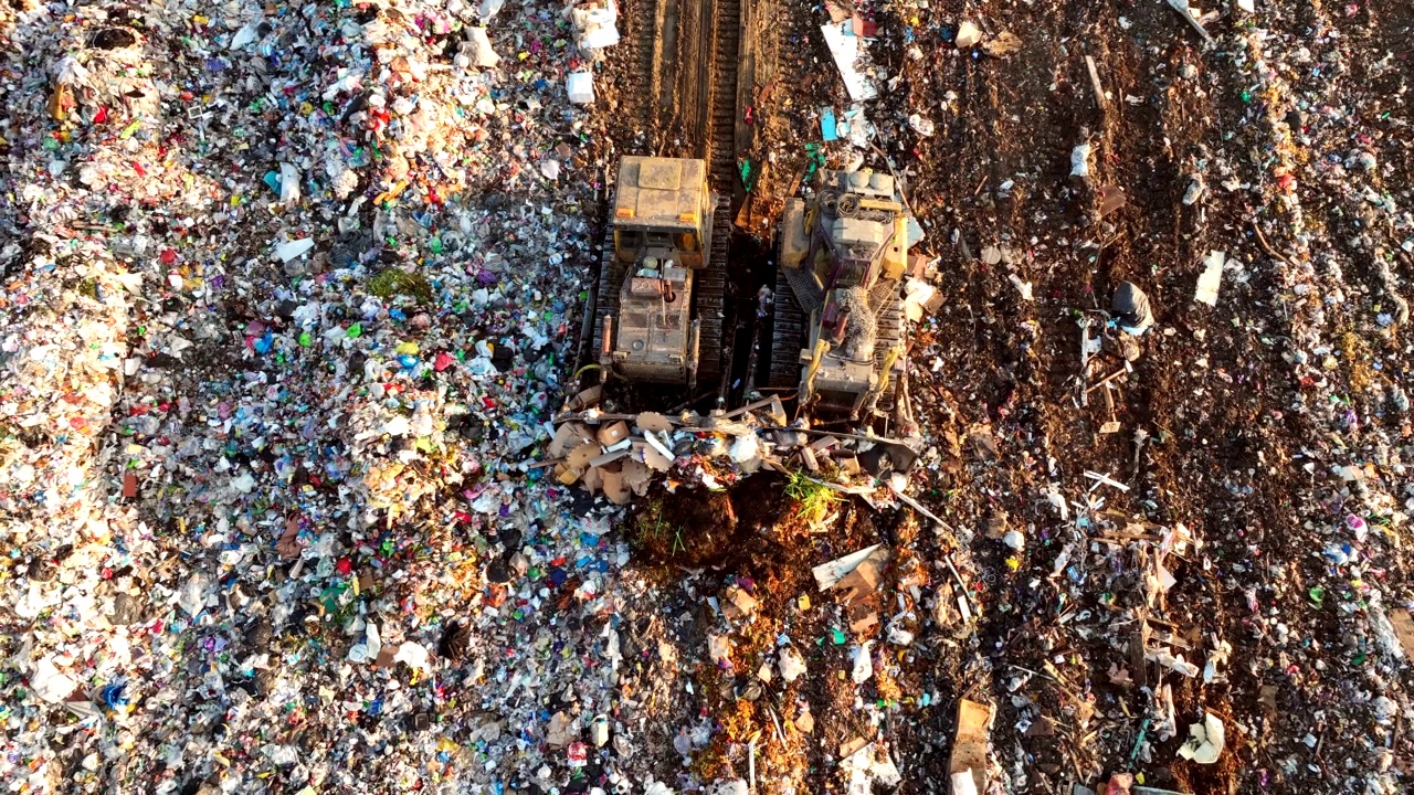 推土机掩埋。垃圾场内有废旧塑料、垃圾和聚乙烯。视频素材