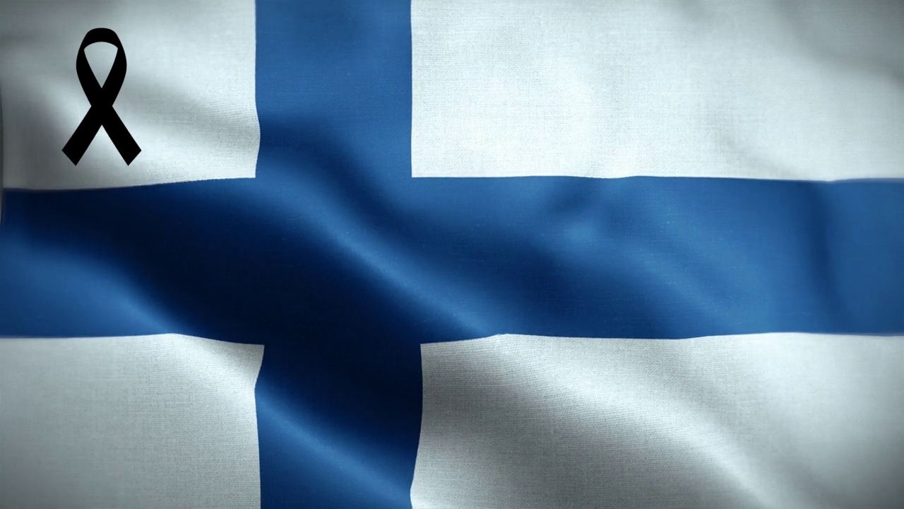 4K带黑丝带的芬兰国旗。芬兰哀悼和觉醒日。有质感的织物图案高细节的循环。视频下载