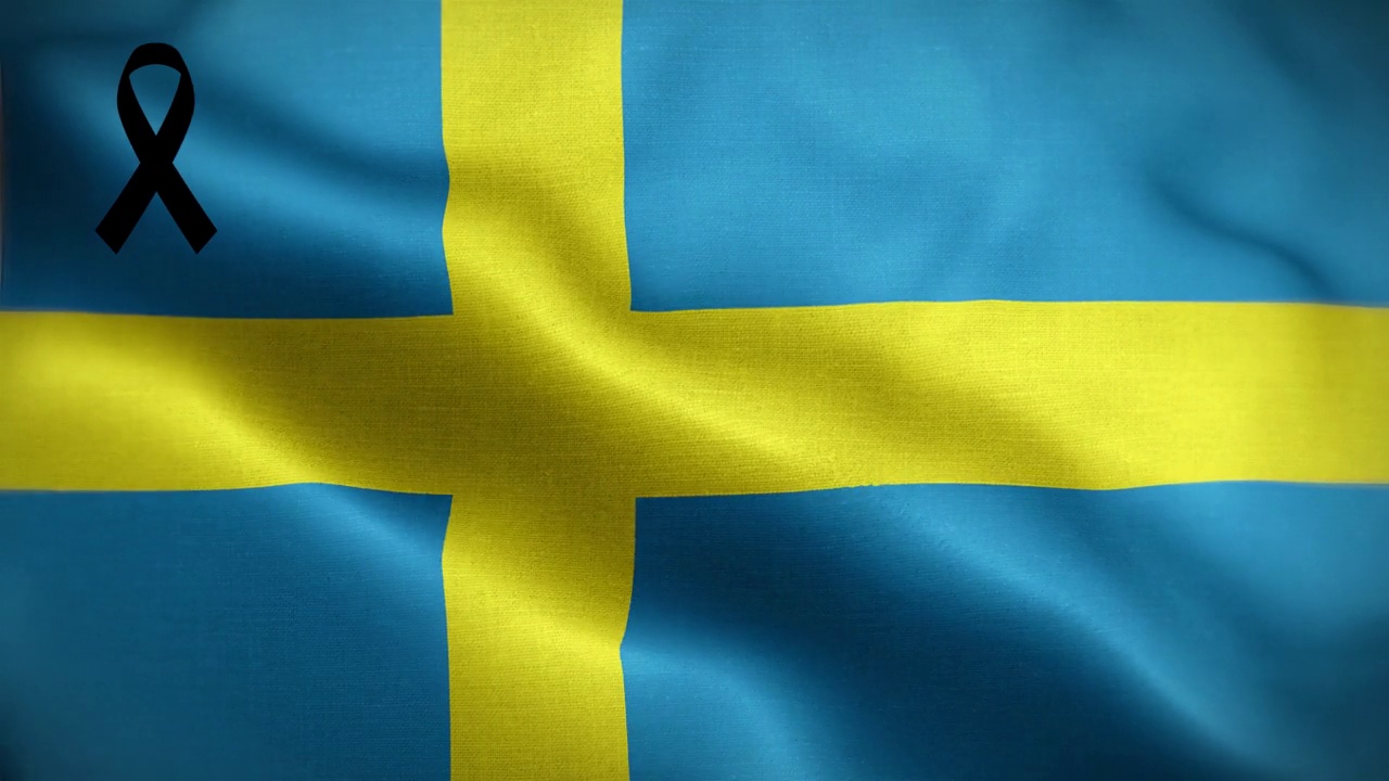 4K瑞典国旗，带黑丝带。瑞典哀悼和觉醒日。有质感的织物图案高细节的循环。视频下载