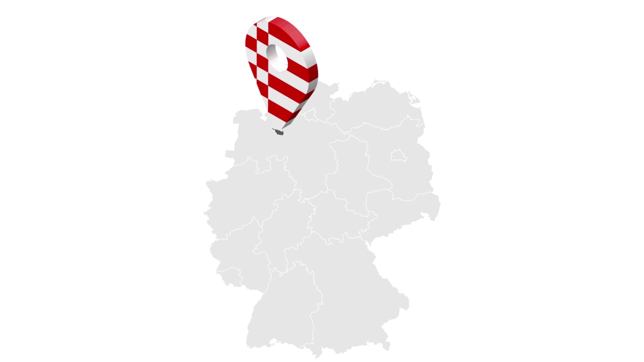 德国地图上的不莱梅位置。3d不莱梅自由州旗地图标记定位别针。德国地图显示不同的州。动画地图德国大陆。4K。视频视频素材