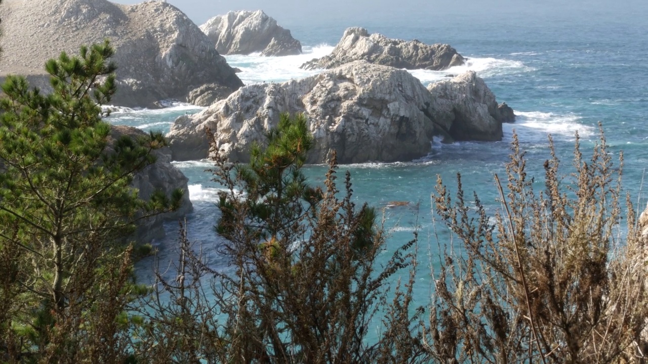 悬崖峭壁，海滩，Lobos点，加利福尼亚海岸。波崩溃。视频素材
