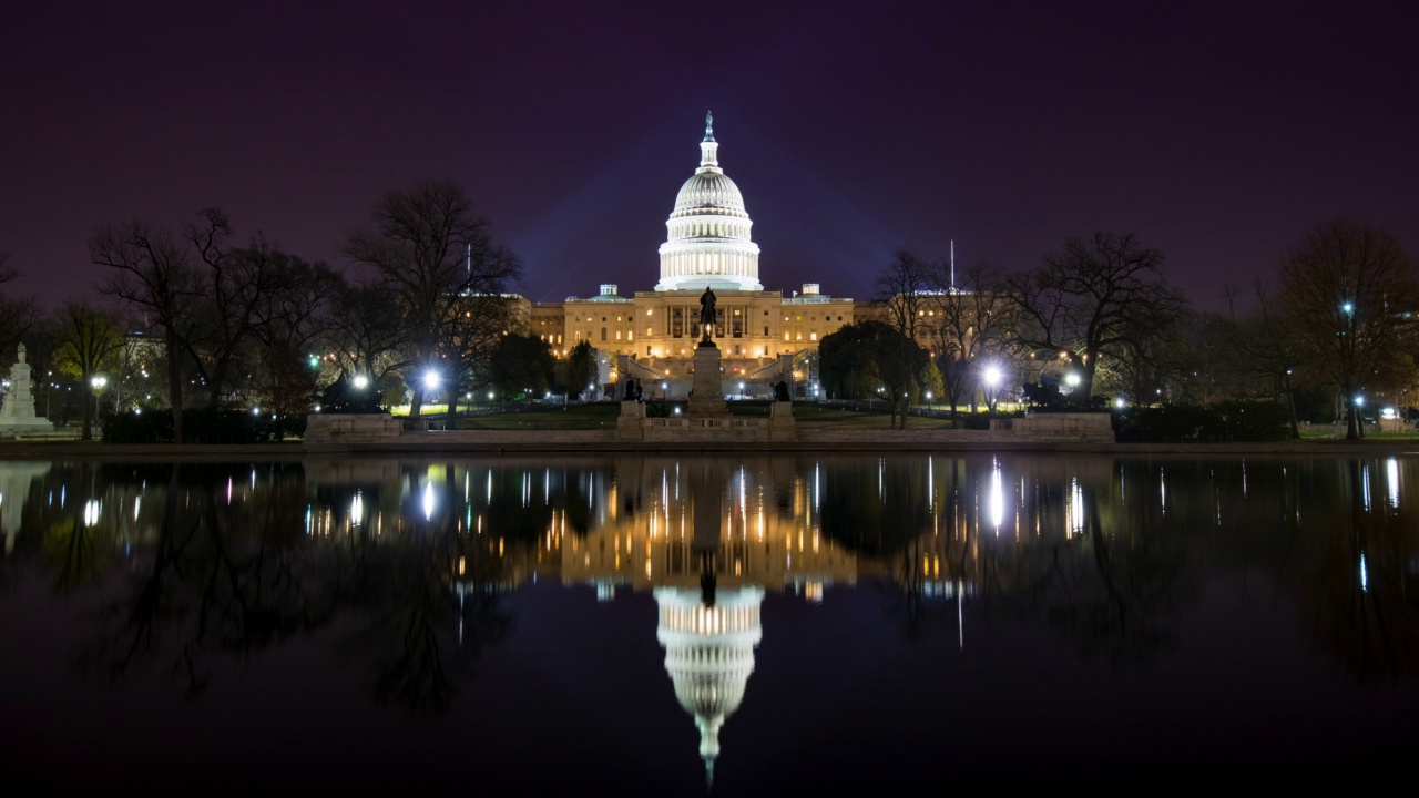 美国国会大厦夜间在水中的倒影——华盛顿，哥伦比亚特区视频素材