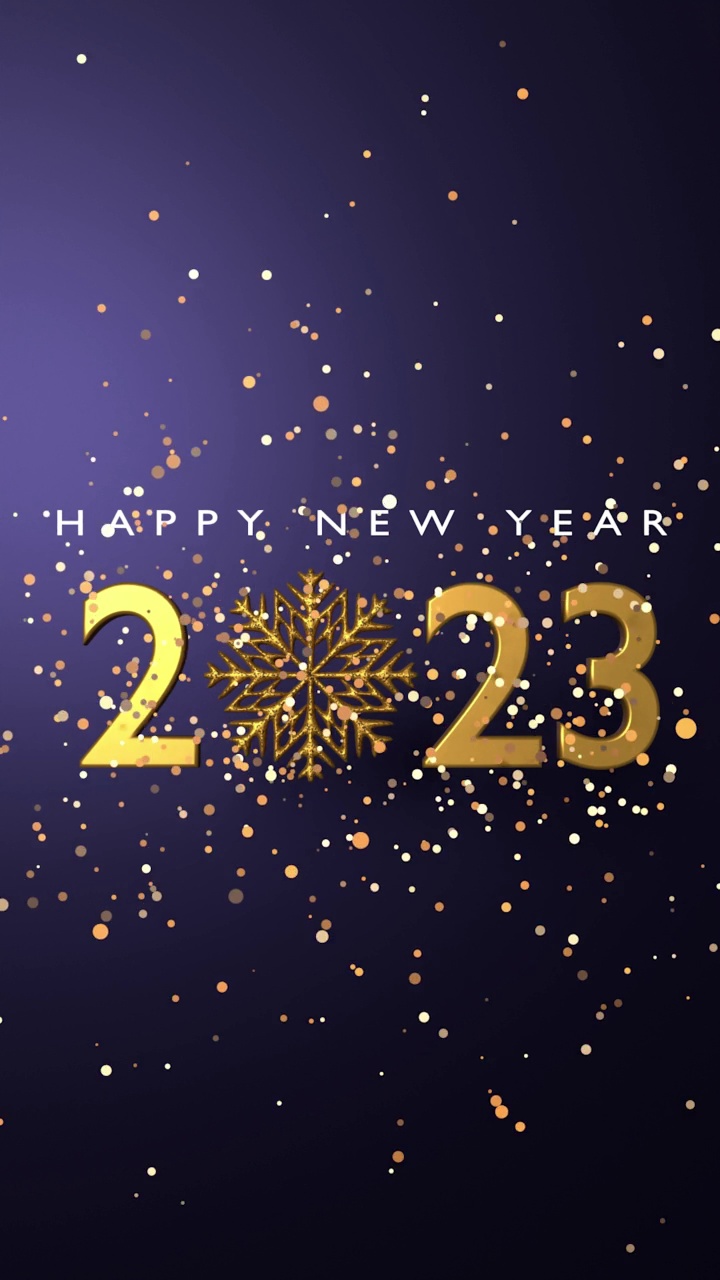 垂直2023新年贺卡，在4K分辨率的紫色背景新年快乐文字视频素材