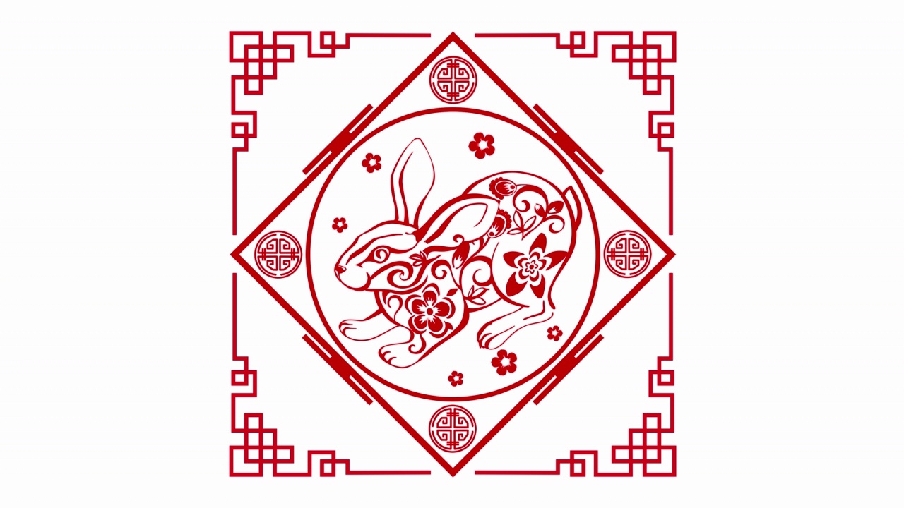 2023年中国新年快乐，兔年庆祝动画与东方装饰元素。新年快乐，万事如意。视频下载