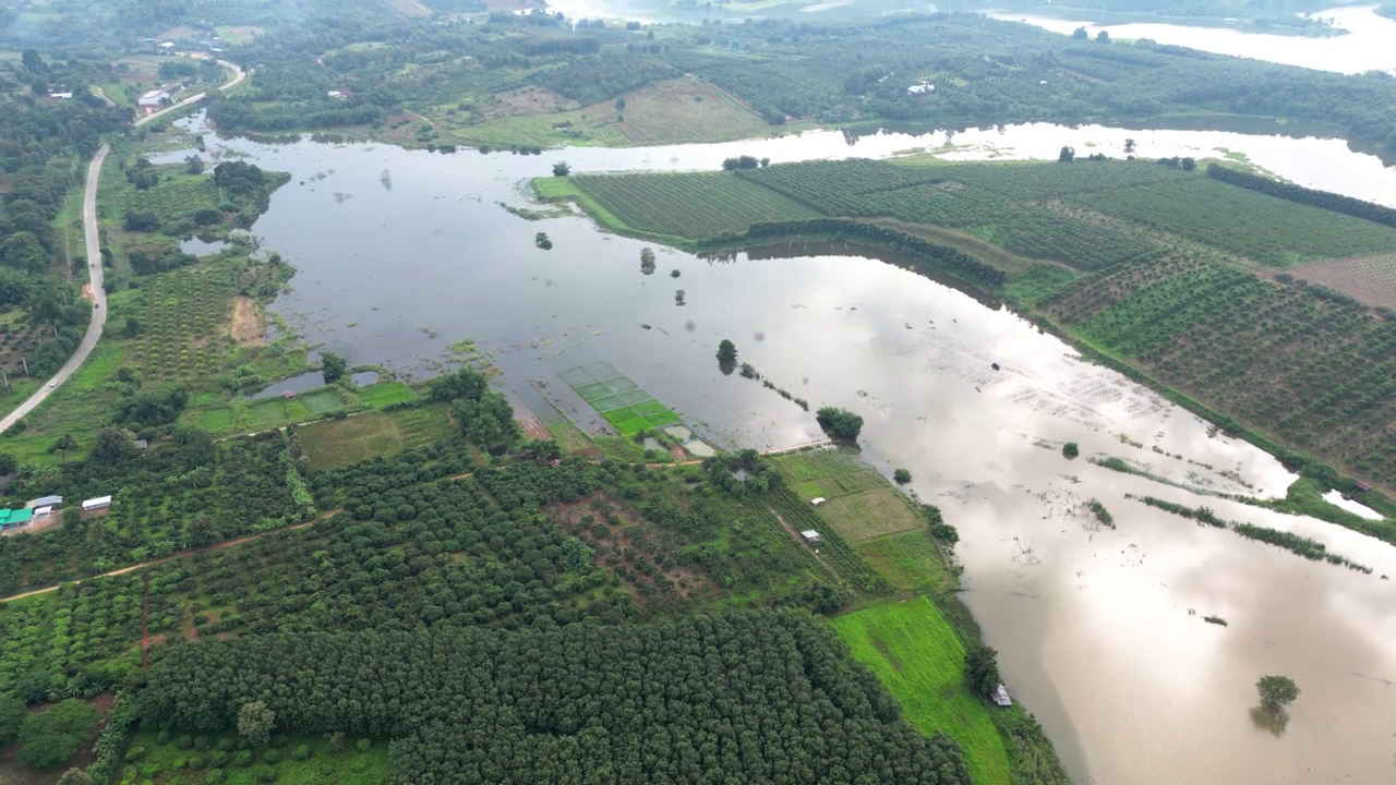 从空中俯瞰泰国北部被洪水淹没的农场视频素材