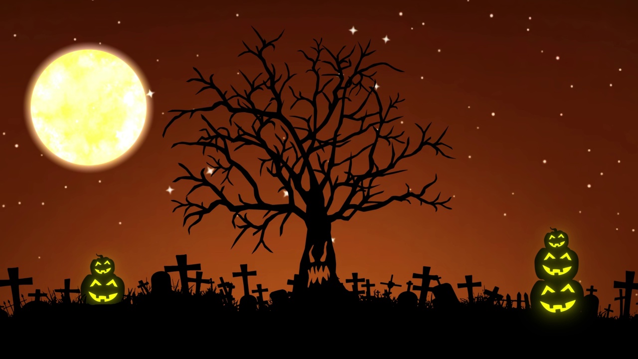 万圣节背景动画的恐怖之夜，有星星，月亮，树和南瓜。万圣节的背景动画视频购买