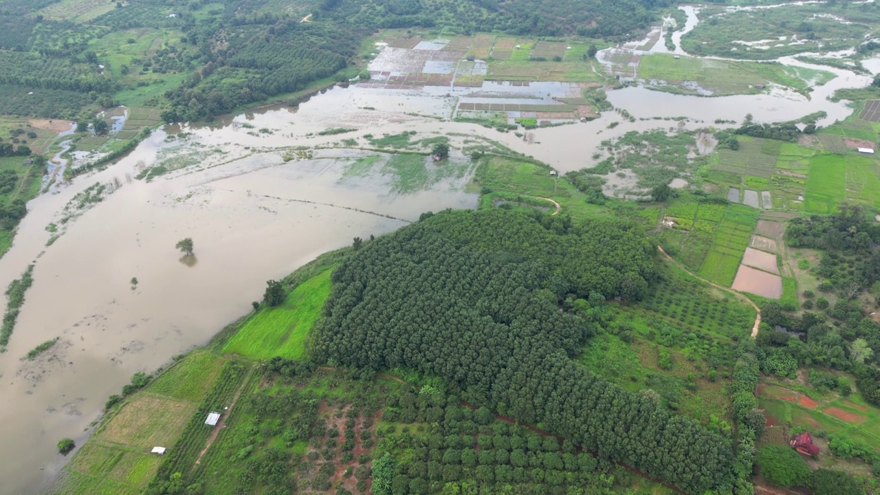 从空中俯瞰泰国北部被洪水淹没的农场视频素材