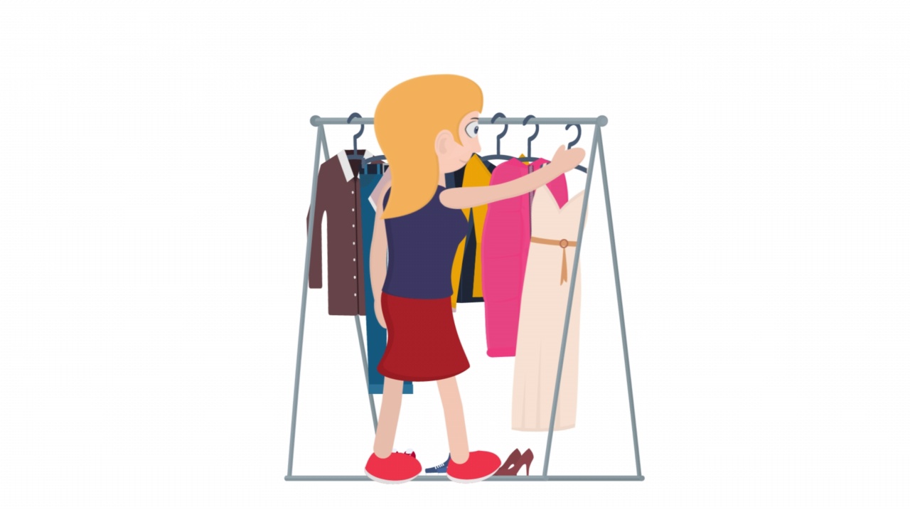 衣服在衣柜里。一个女人选择衣服的动画。卡通视频下载