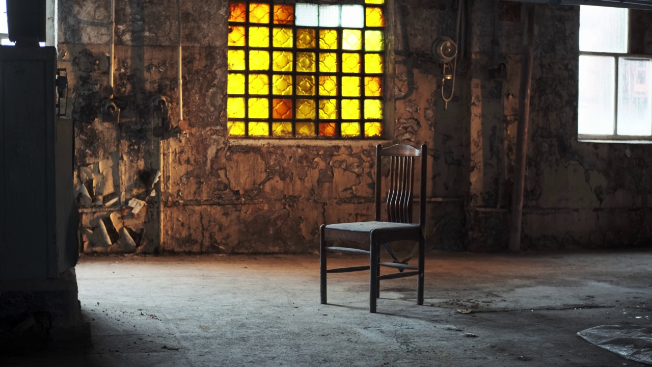 旧木椅立在废弃的建筑物或工厂中间，黄色的彩色玻璃窗，午后，黄色的灯光落在座位上。孤独和后启示录的概念。视频下载