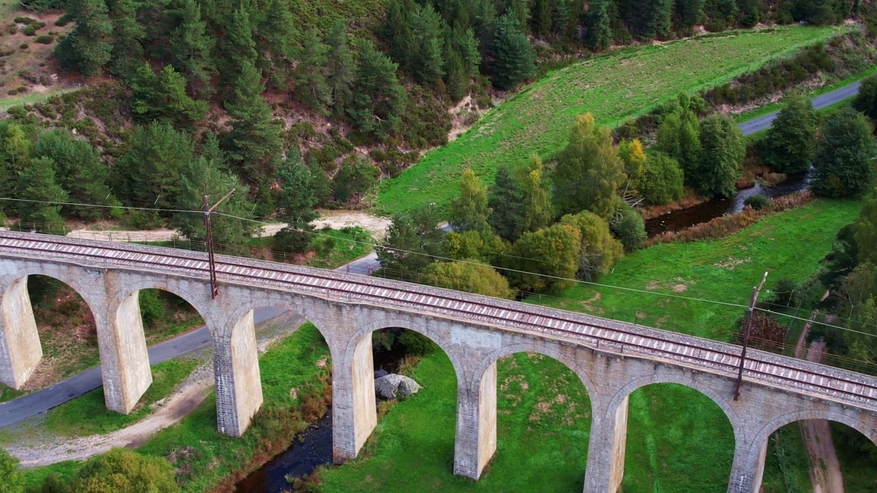 古老的拱形铁路高架桥在群山之间。童话般的氛围，奶牛在楼下吃草。视频素材