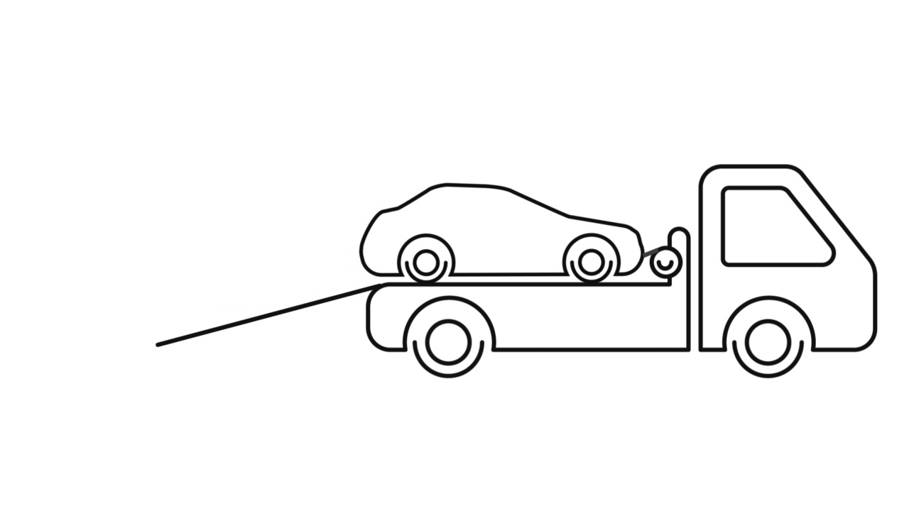 把一辆有问题的汽车装到拖车上的动画。旋转表盘显示24小时服务。关于牵引保险的想法视频下载