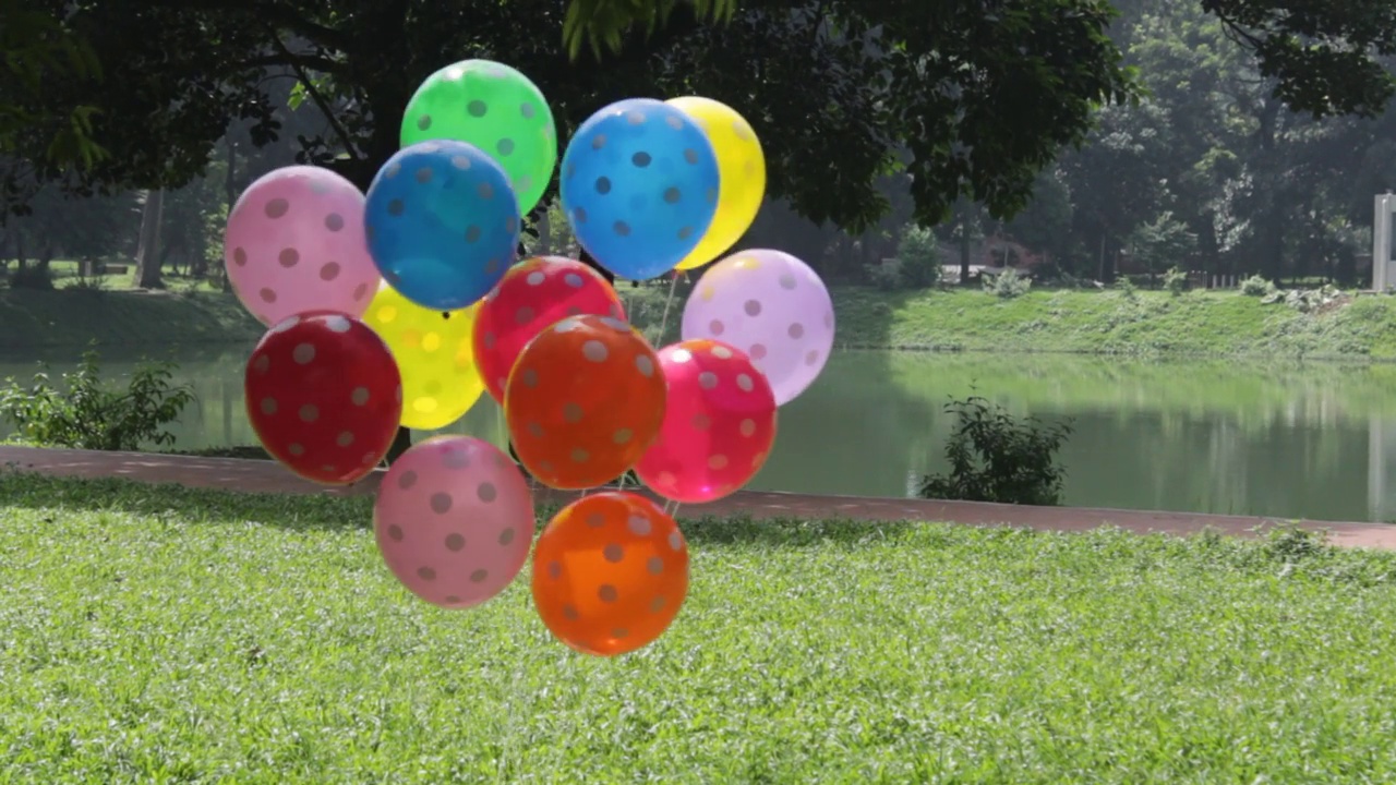 公园里五颜六色的气球在微风中摇曳视频素材