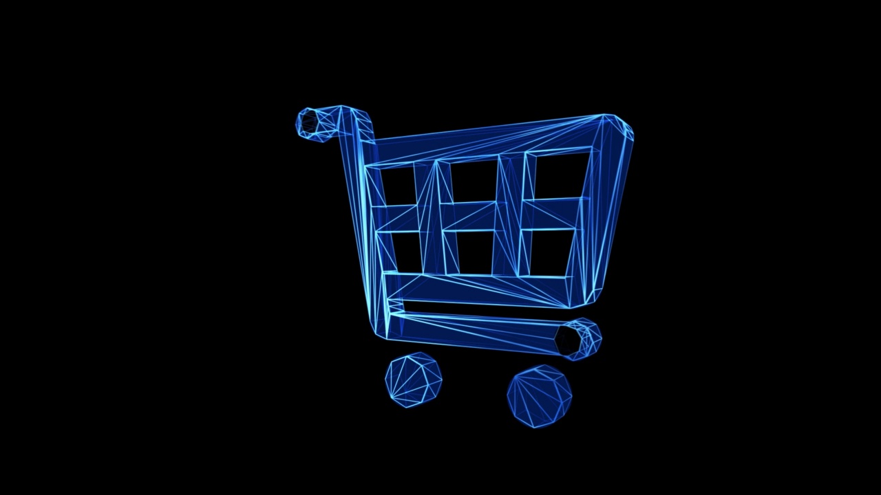 购物车图标蓝色低聚旋转黑色背景视频素材