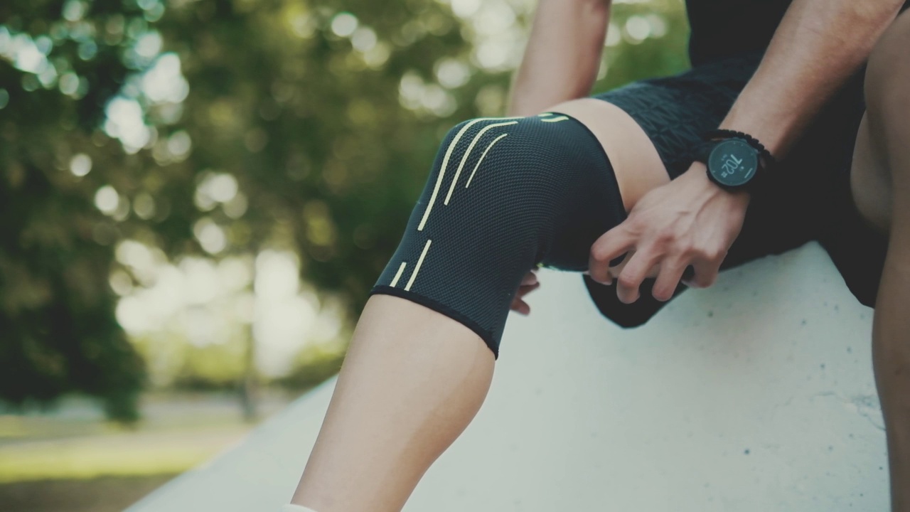 一名运动员在公园里戴上弹性护膝视频下载