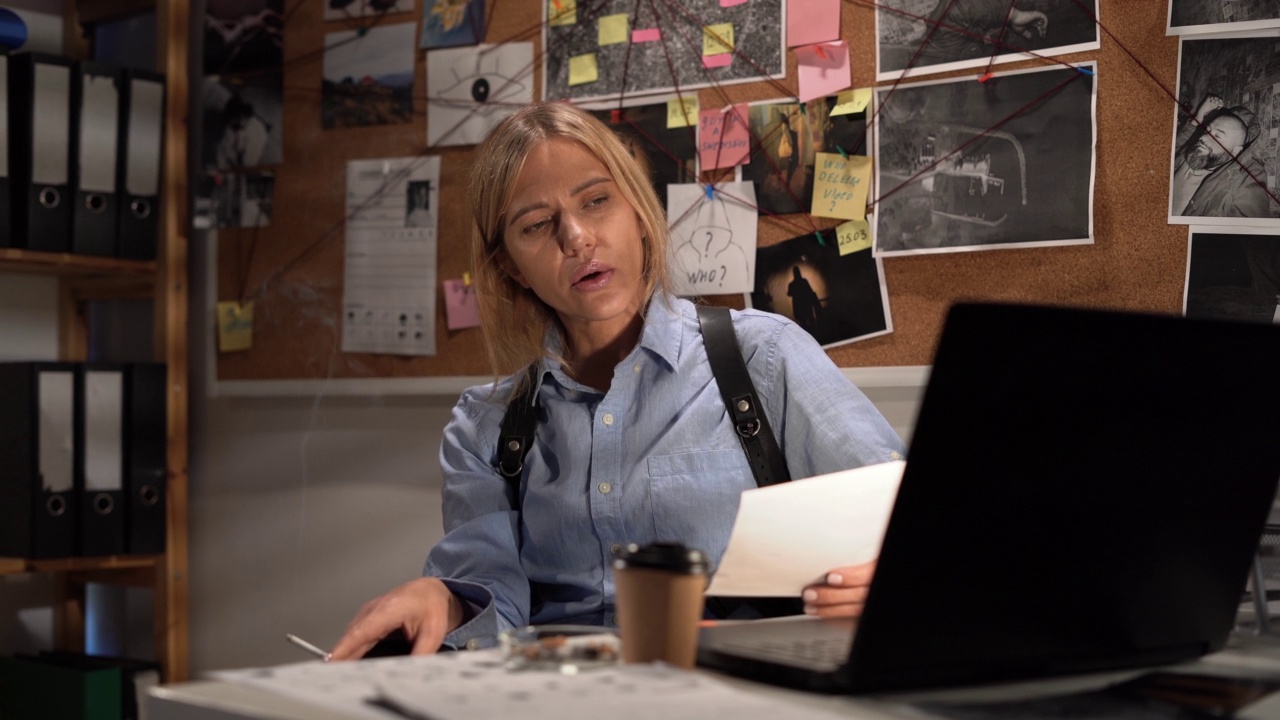 侦探在她办公室的办公桌前工作，用笔记本电脑，抽烟和喝咖啡视频下载
