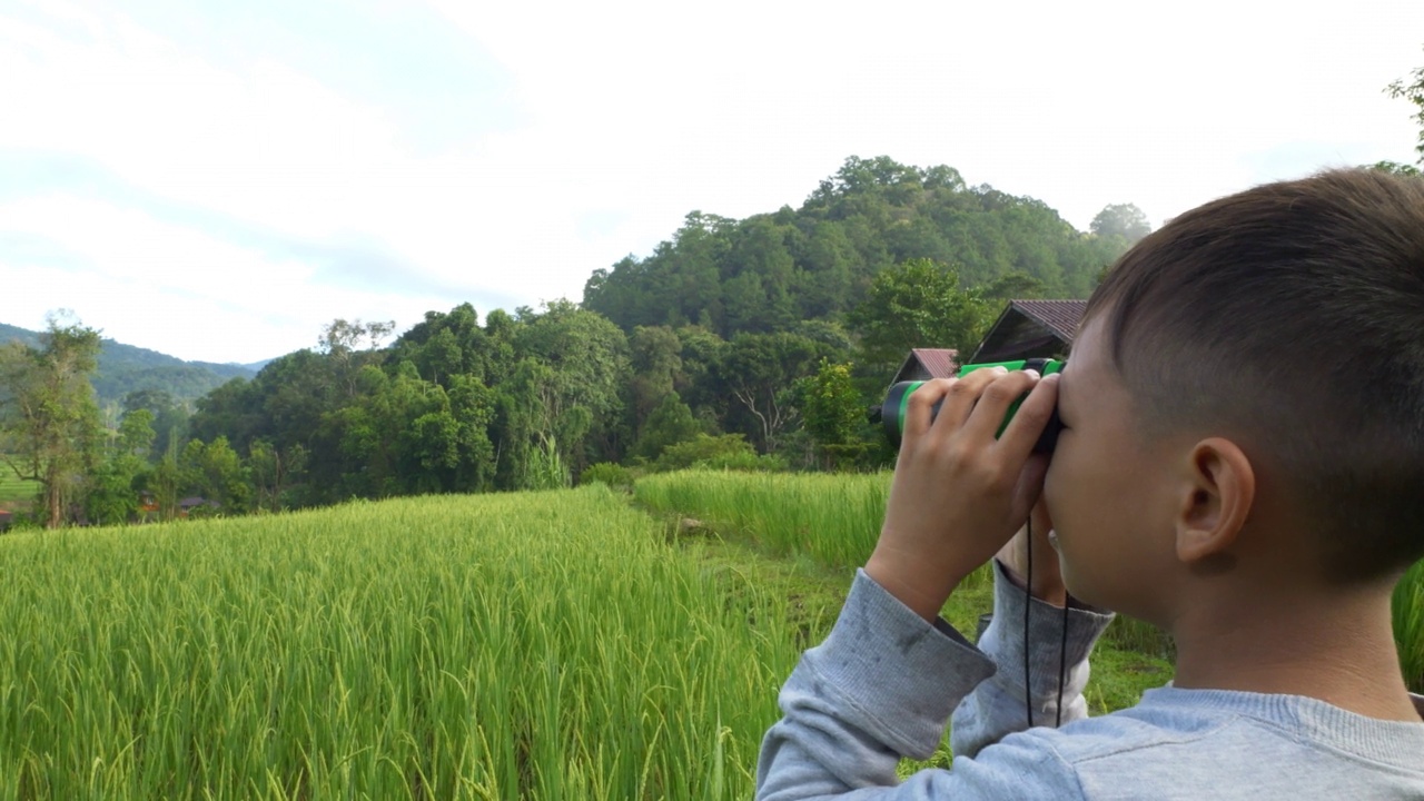亚洲男孩喜欢在绿色的稻田玩望远镜。视频素材