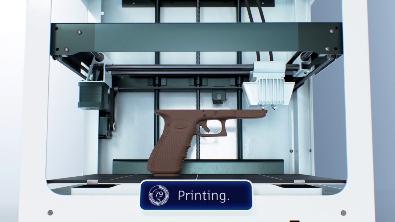 枪打印在3d打印机。塑料手枪打印过程3d动画。现代武器生产技术概念时间推移视频下载