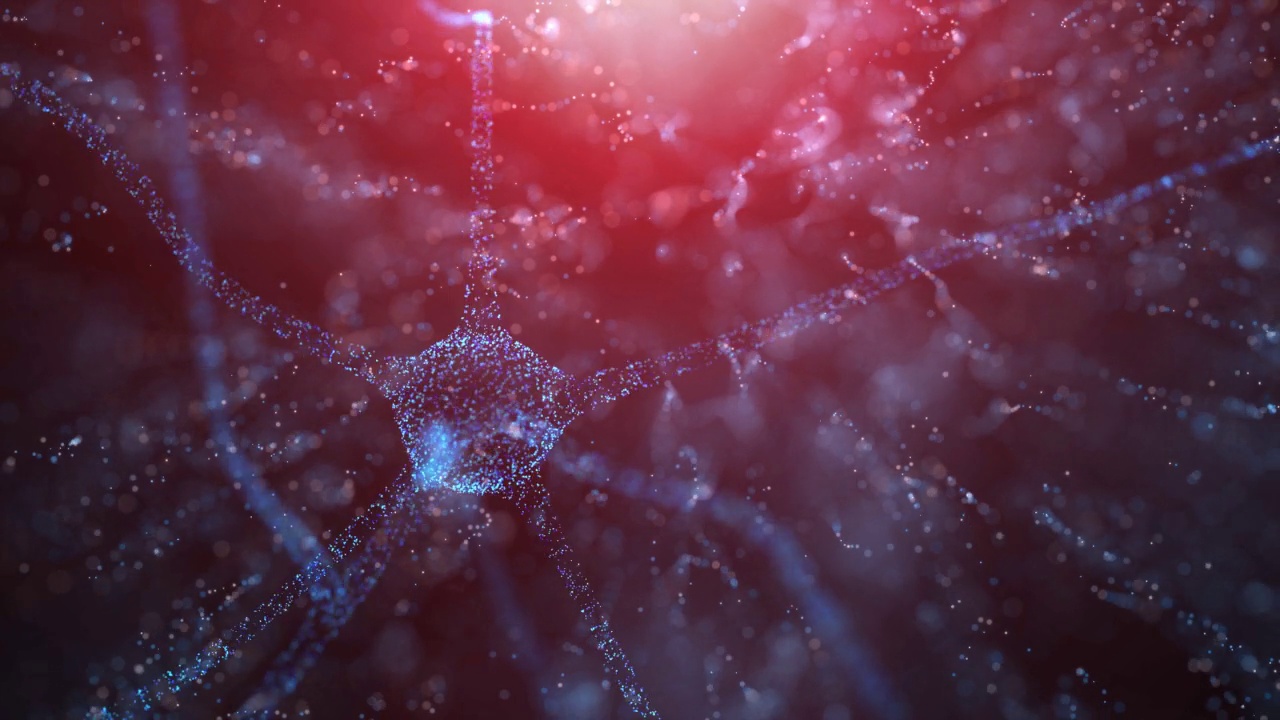 抽象蓝红色背景上的大脑艺术神经元细胞。视频素材