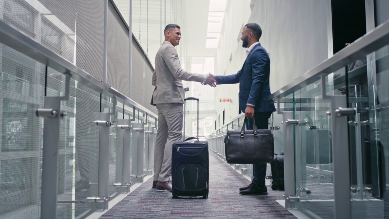 旅行，行李或律师在握手，合作或会议在酒店或机场商务舱的走廊。微笑，愉快或合法的团队协作和工作旅行行李箱在欢迎的姿态视频下载