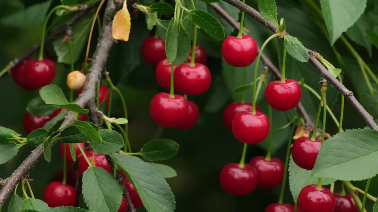 成熟的樱桃挂在樱桃树的树枝上。甜美的红樱桃挂在樱桃树枝上。花园里的浆果枝。园艺。家庭农场慢动作特写视频素材