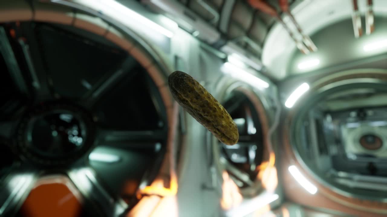 腌黄瓜漂浮在国际空间站视频素材