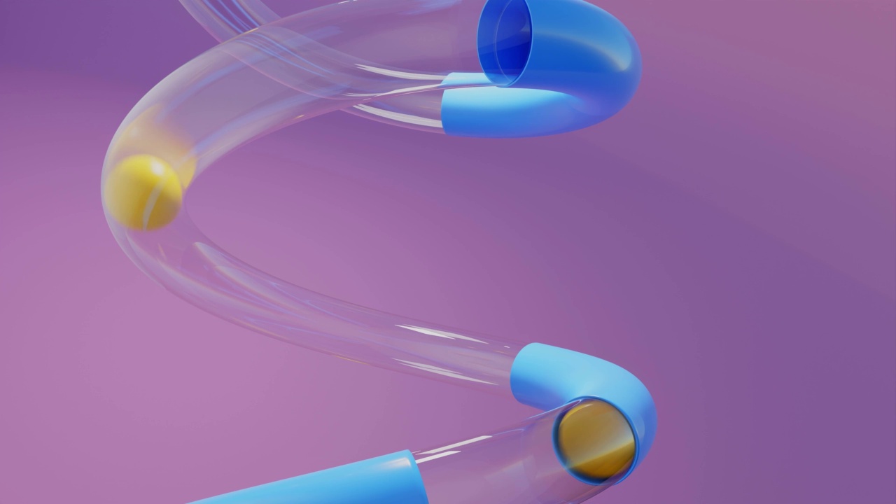 黄色球通过透明和蓝色塑料管在紫色背景的视频红，4k分辨率视频素材