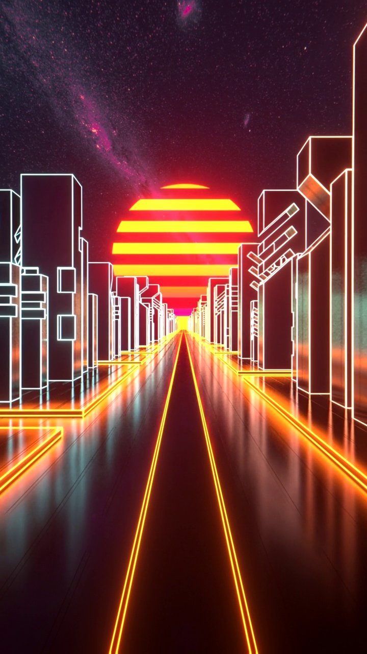 日落时被建筑物包围的网络城市的垂直3D动画视频下载