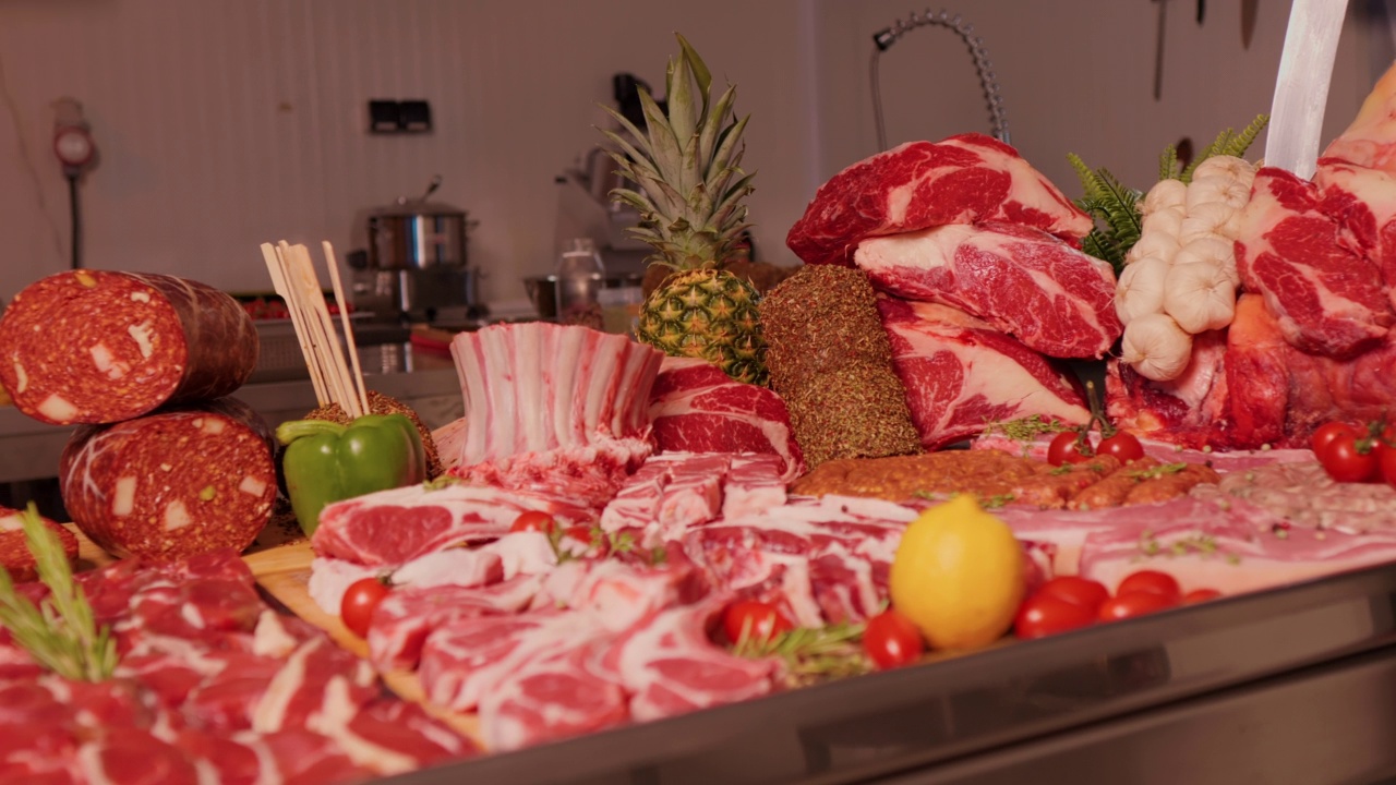 肉铺厨房里陈列的肉类制品的装饰布局。视频素材
