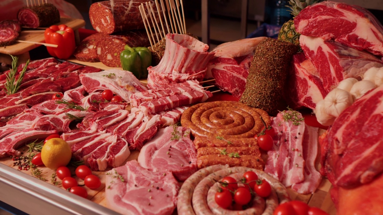餐桌上陈列的肉类商品的装饰布局。视频素材