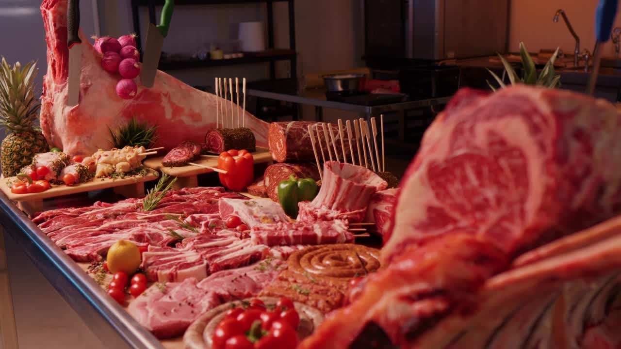 肉铺厨房里陈列的肉类制品的装饰布局。视频素材