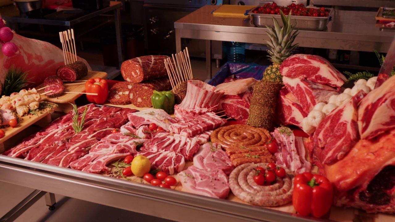 肉贩桌上陈列出售的肉制品。视频素材