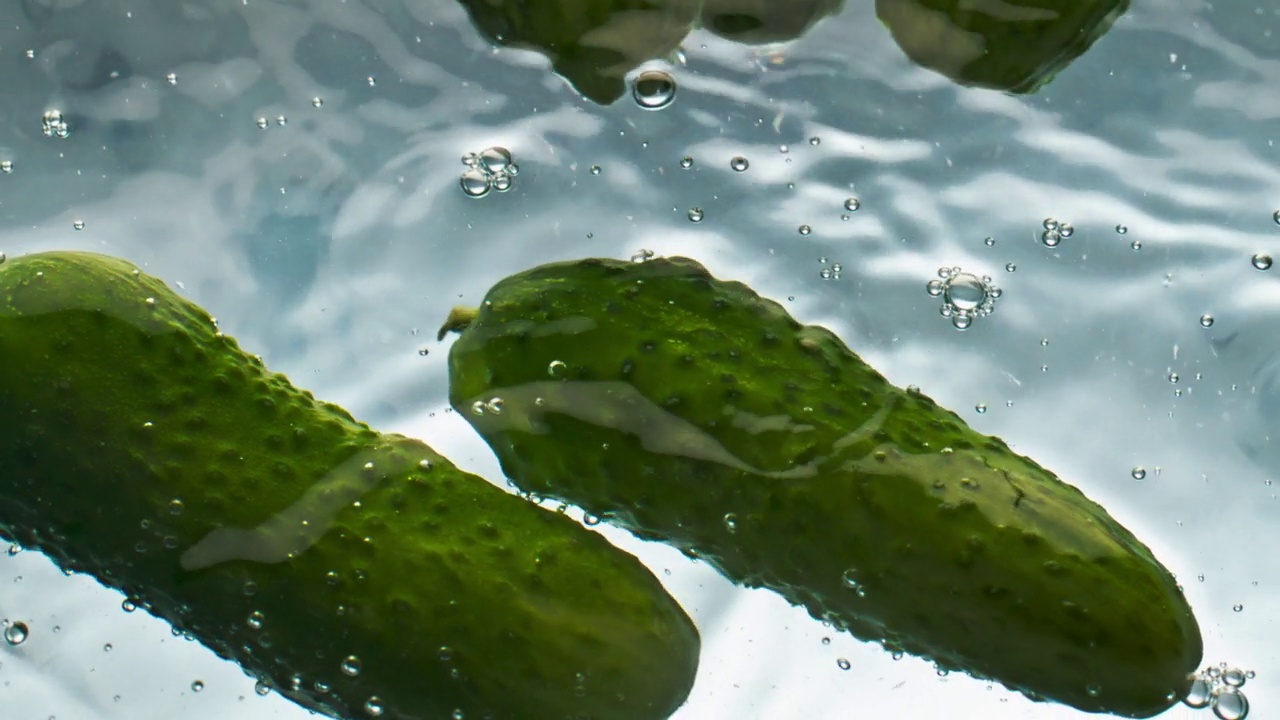 特写有机黄瓜水漂浮在光背景。新鲜的绿色蔬菜视频素材