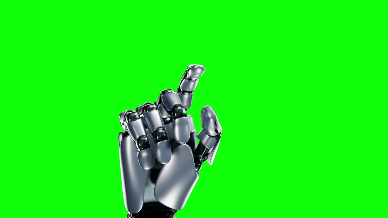 机器人手触屏幕近距离3d动画Alpha掩模z深度。金属手指按虚拟按钮。假肢。人工智能和机器学习概念视频下载