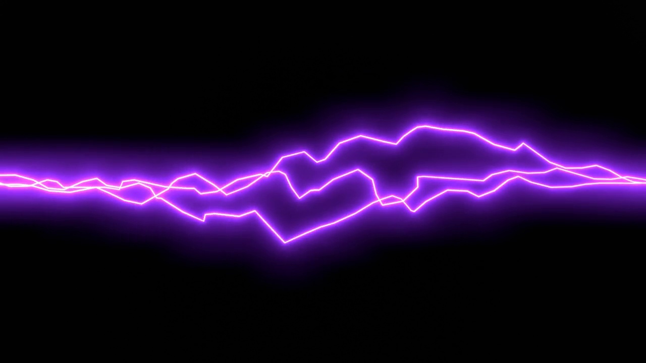 动画霓虹紫色放电或闪电在黑色背景。运动图形渲染视频素材