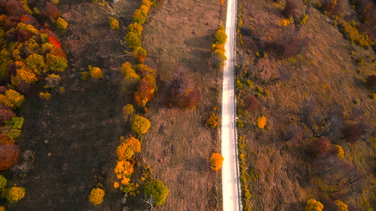 穿山而过的道路涂满了秋天的色彩，汽车行驶视频素材
