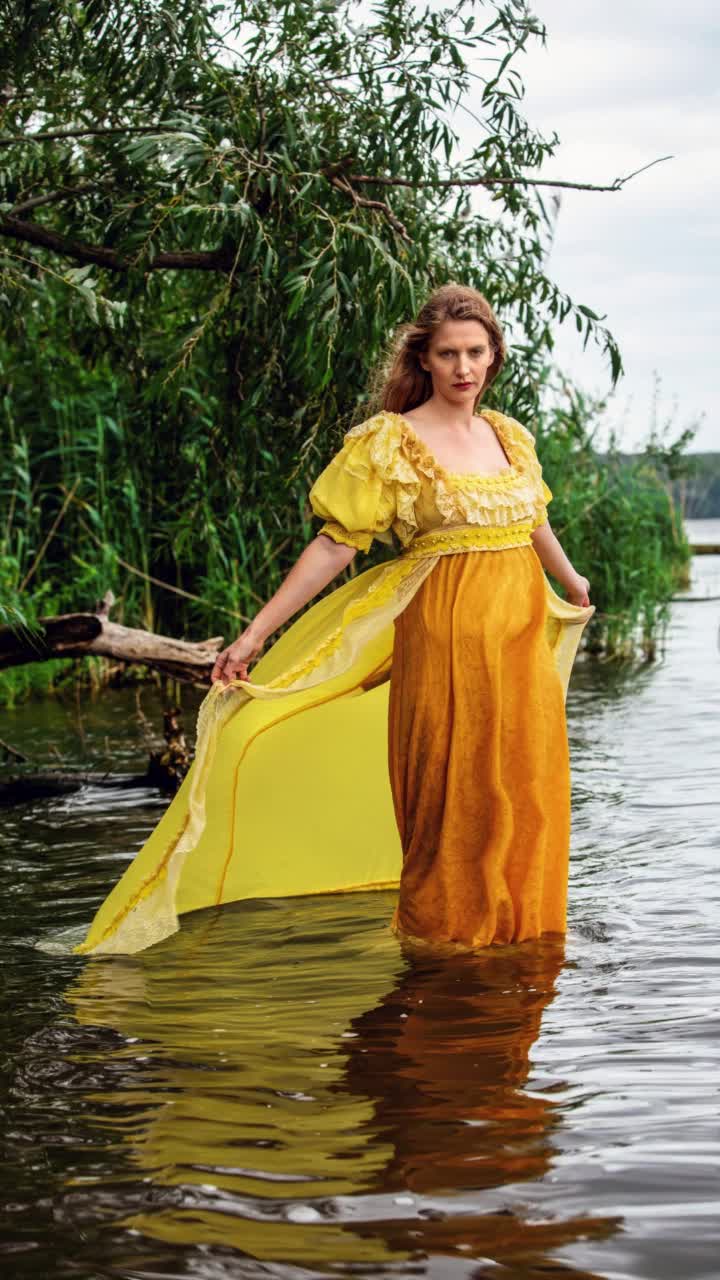 电影的金发女人在黄色的历史服装站在水里视频下载