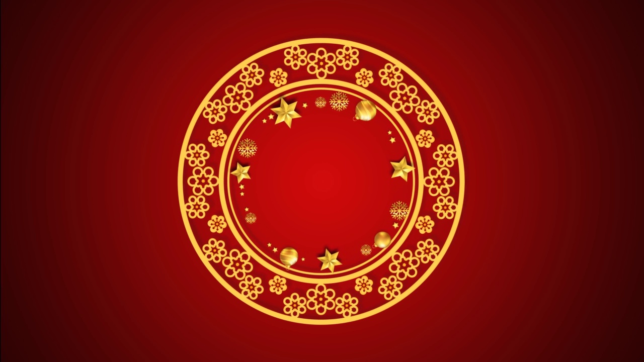 动画金色装饰花环在红色背景设计圣诞或新年模板。视频下载