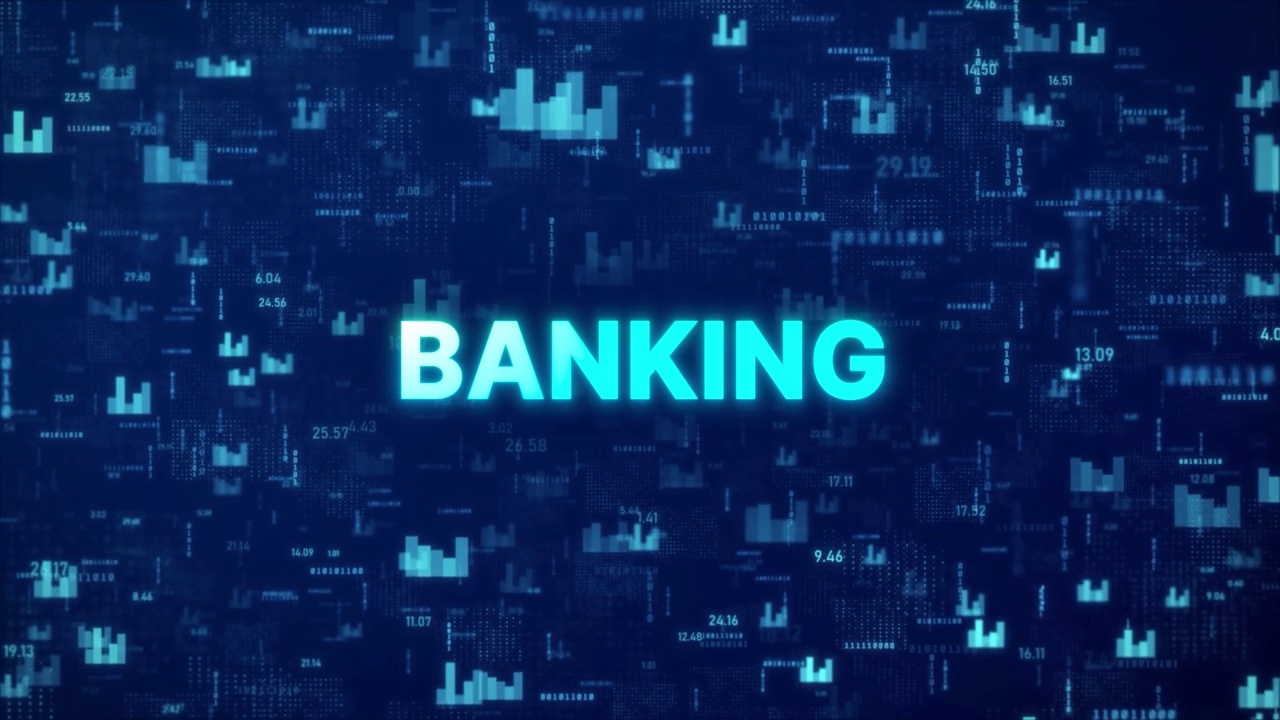 银行概念在动画金融背景与图表，数字和矩阵代码视频下载