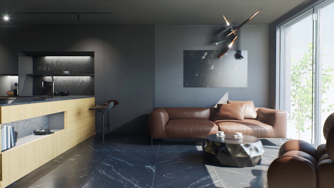 超级现代的室内时尚的厨房工作室在黑色，棕色的沙发和木制的立面。三维动画的厨房工作室的内部。视频下载