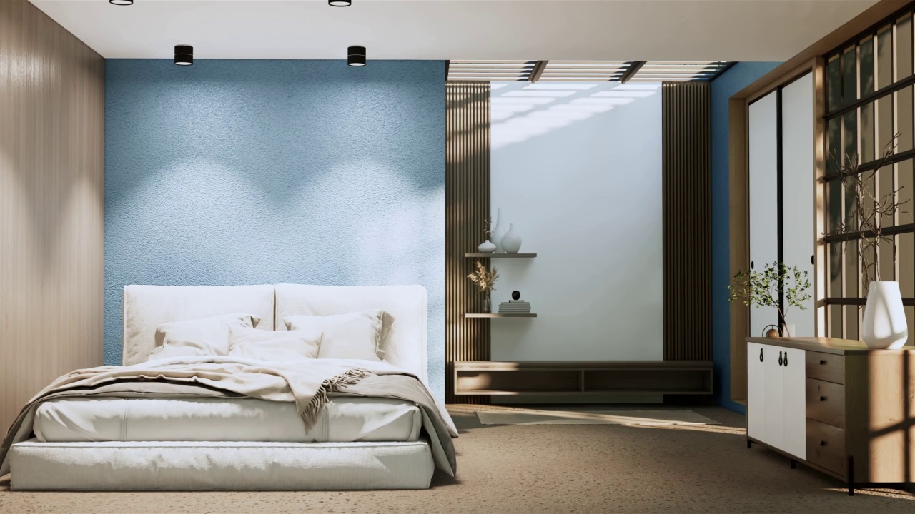 日本蓝色卧室的瓦比沙比床和装饰植物。3 d渲染。视频下载