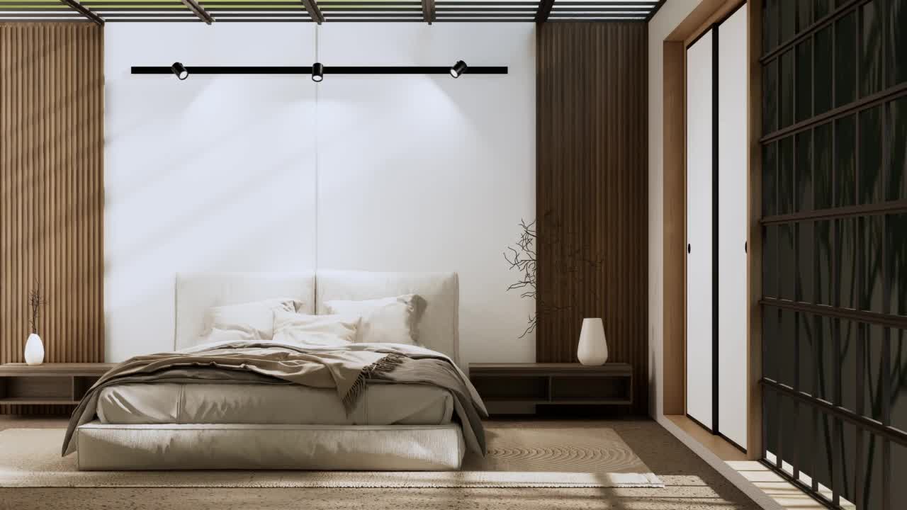 日本人卧室的瓦比沙比床和装饰植物。3 d渲染。视频下载