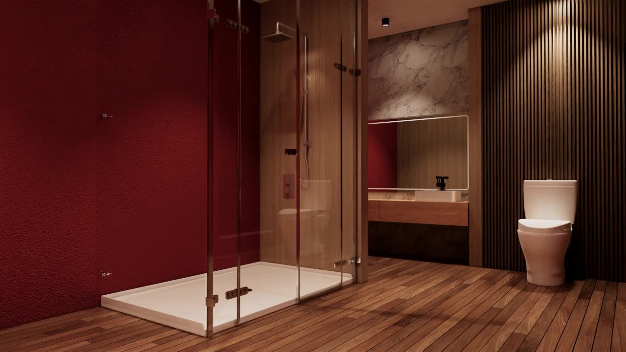 卫生间，现代日式侘寂风格。3D插画渲染视频下载