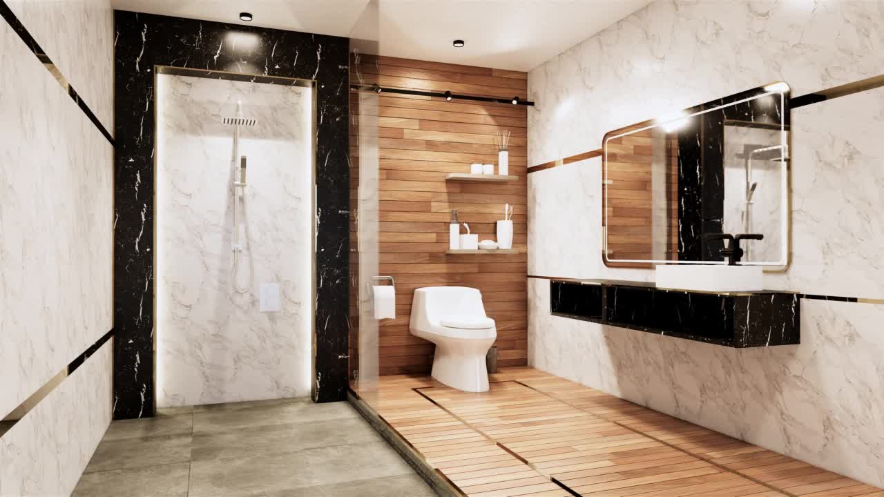 花岗岩瓷砖黑白墙设计卫生间，房间现代感十足。3D插画渲染视频下载