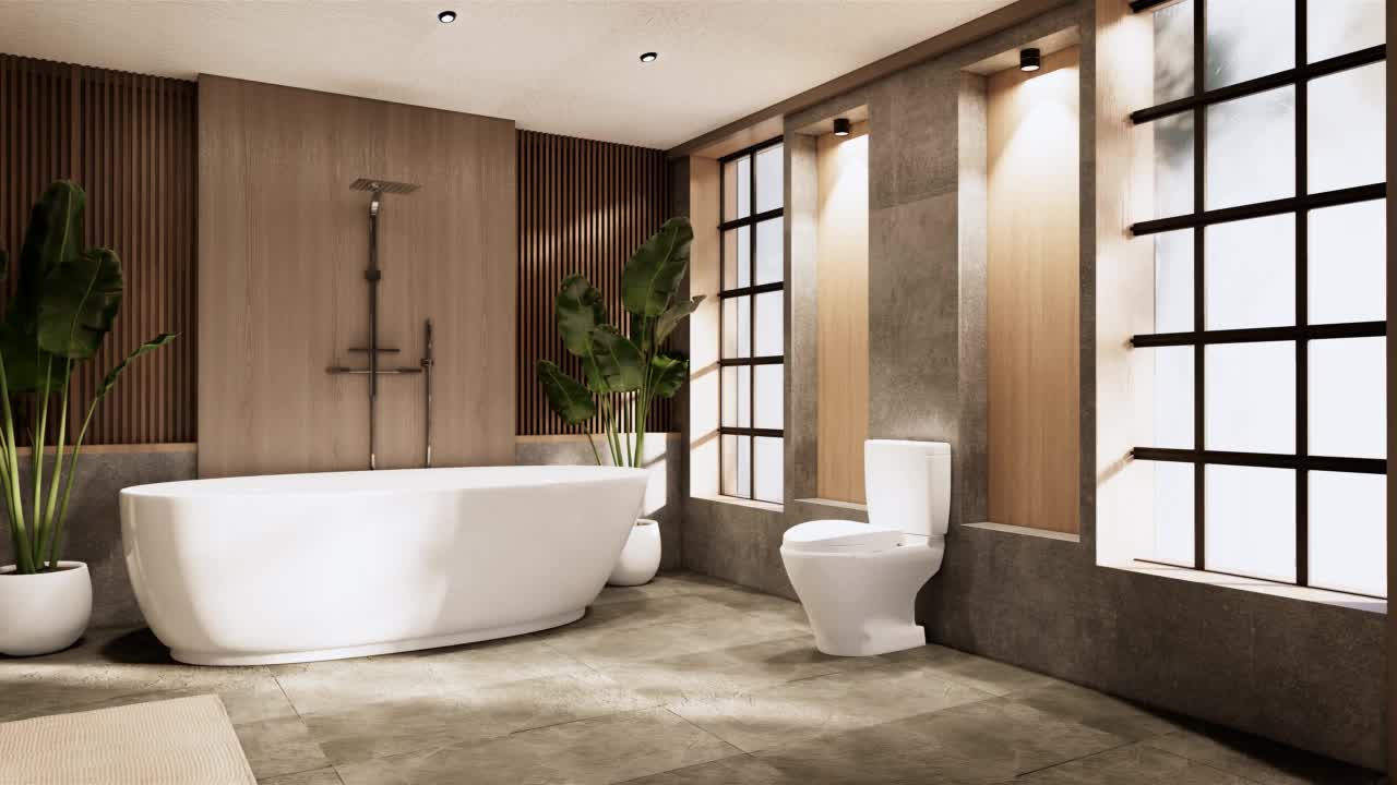 卫生间，现代日式侘寂风格。3D插画渲染视频下载